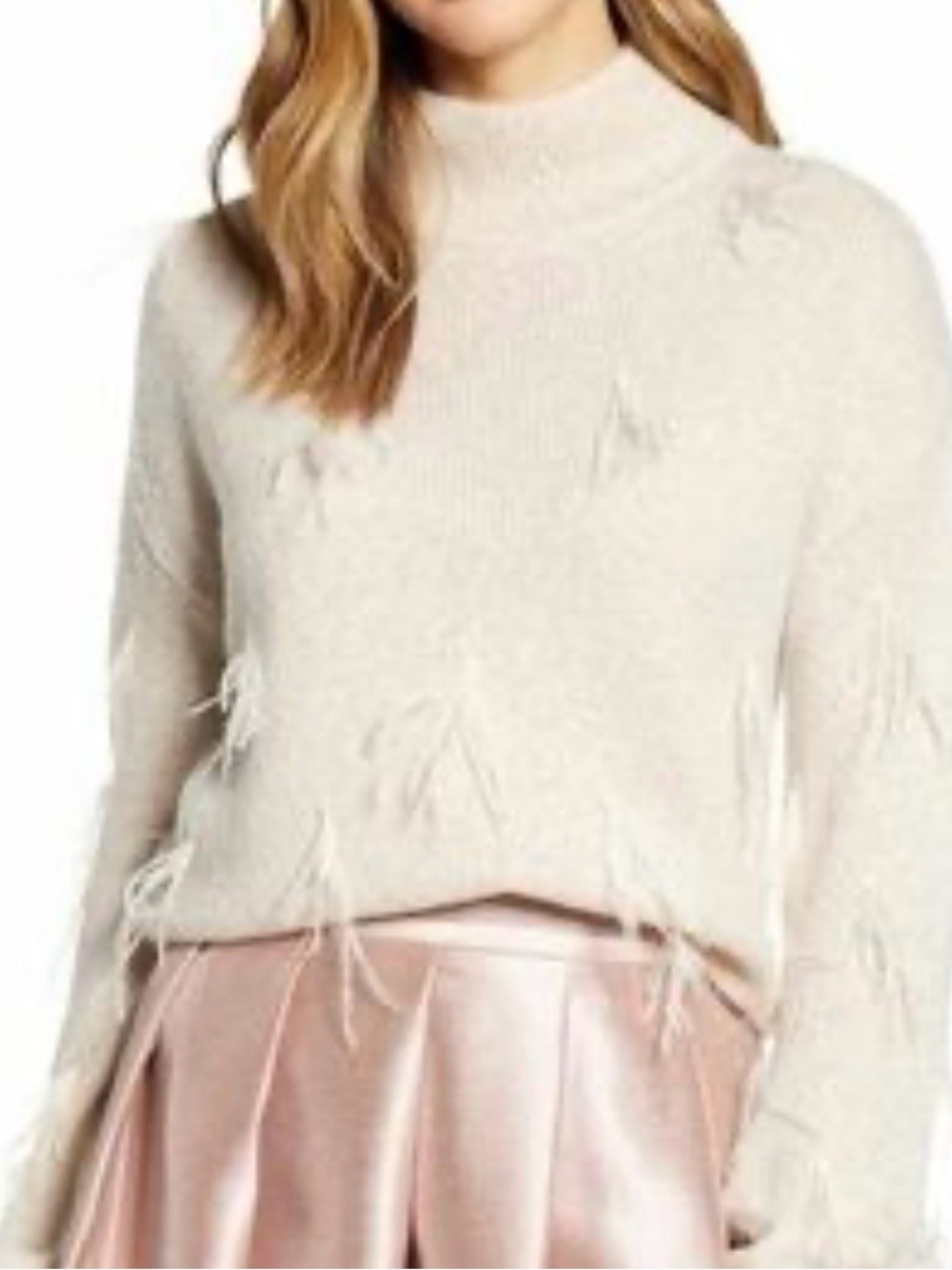 Rachel Parcell Cream Feather-Trim Mock Neck Sweater